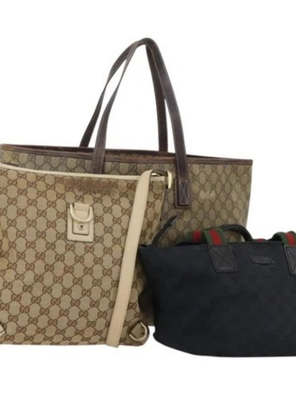 GUCCI GG Supreme GG Canvas Web Sherry Line Bag 3 Set Beige Black Auth bs35614